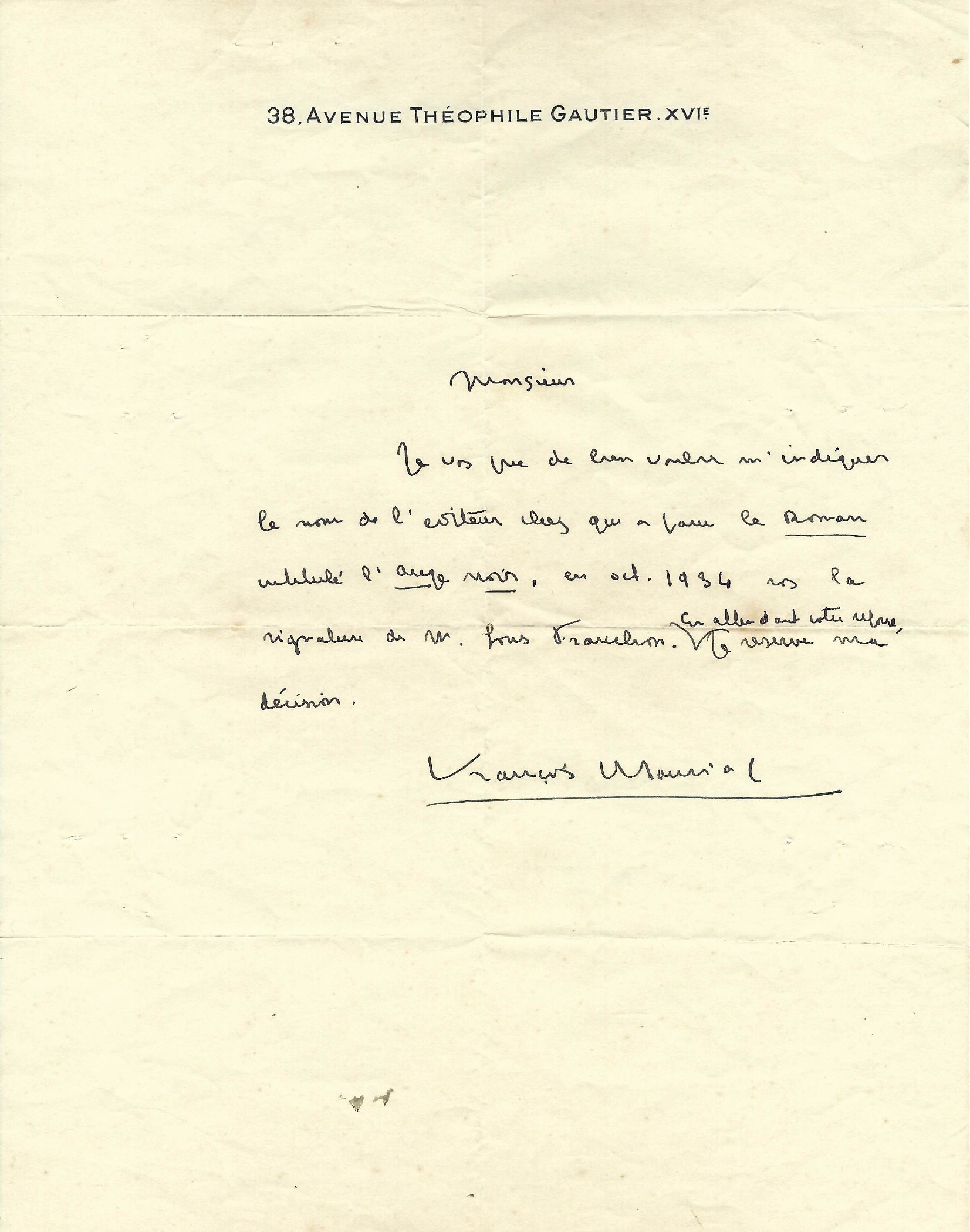 Lettre de François Mauriac à Louis Franchon 1935