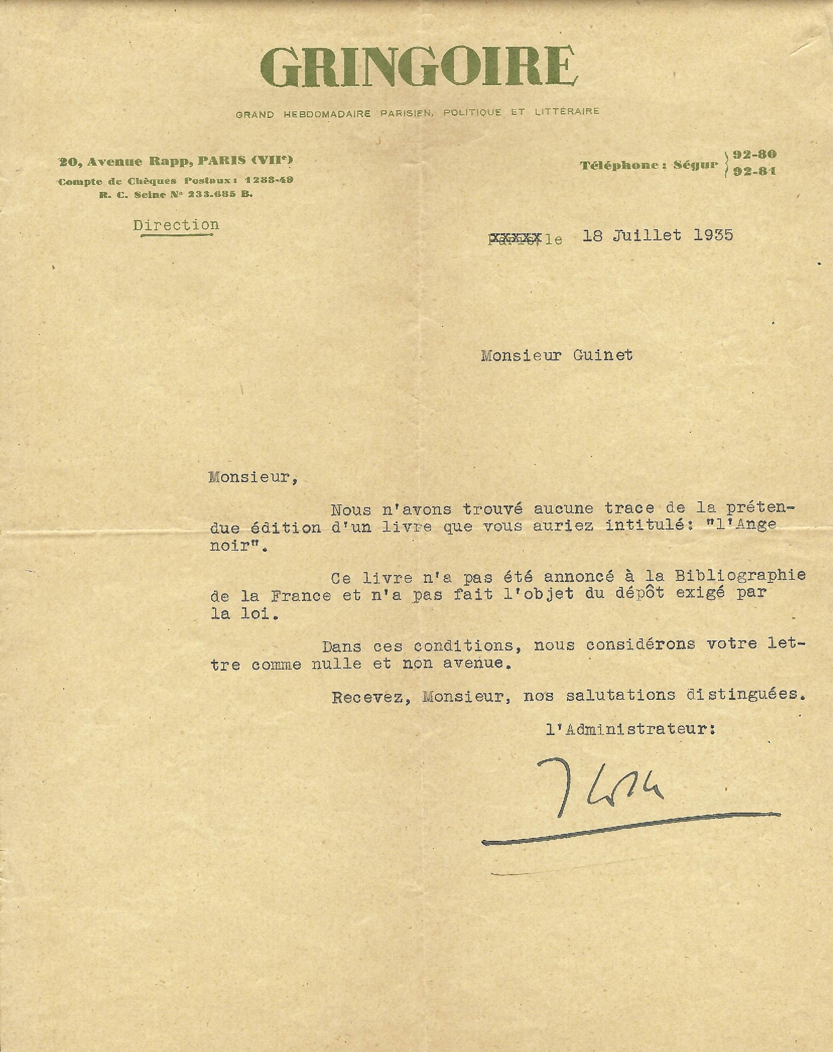 Lettre du Journal Gringoire à Marcelle Guinet