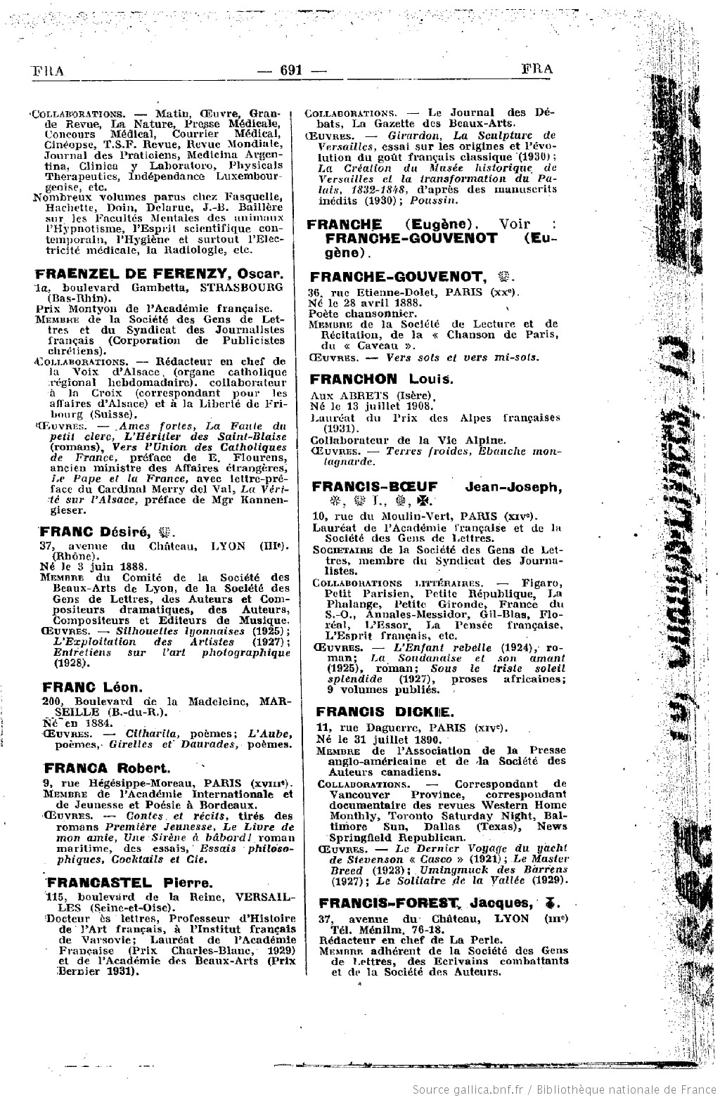 Page 691 de l'Annuaire Général des Lettres 1932 — notice de Louis Franchon, lauréat du Prix des Alpes françaises (1931)
